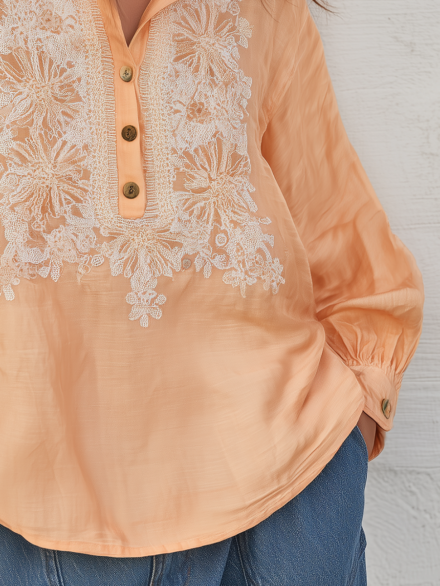 Graceful Apricot Floral Embroidered Blouse