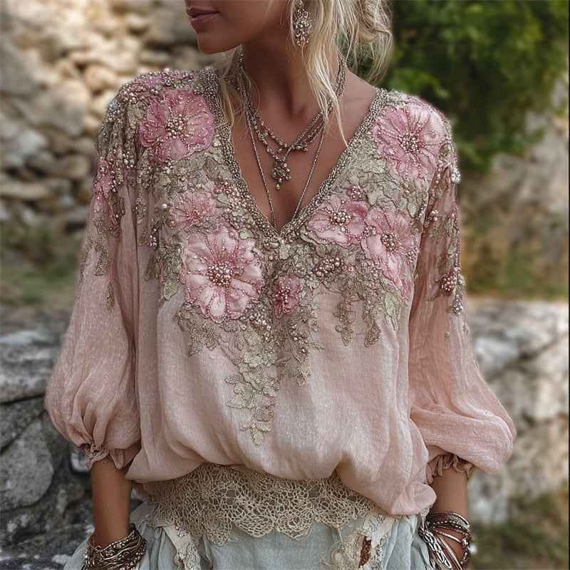 Vintage Pink Floral Glitter Beaded Flowy Linen Tunic