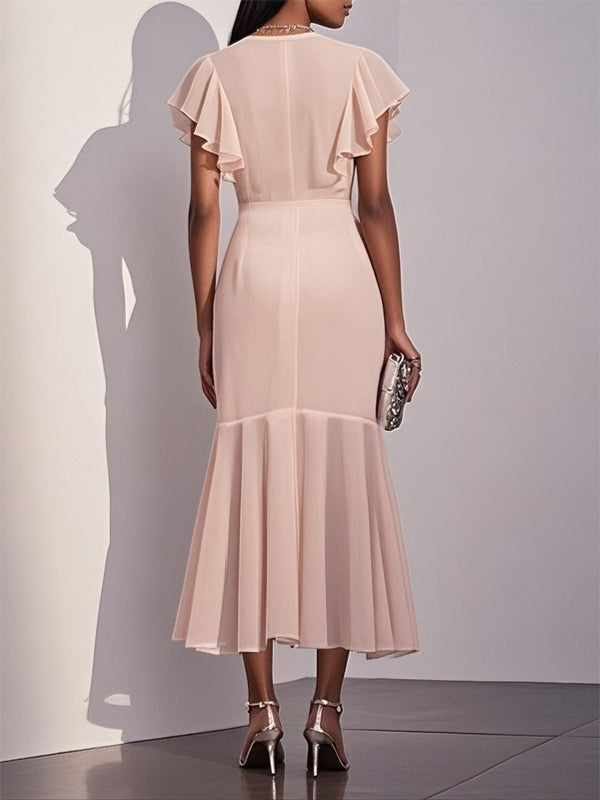 V-neck Solid Color Chiffon Maxi Dress