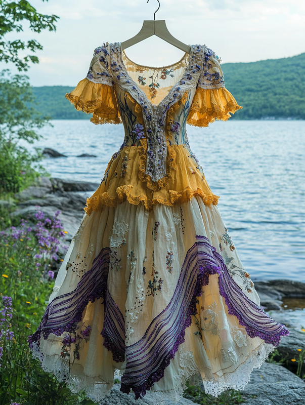 Summer Vacation Ruffle Lace Contrast Color Dress 3c76