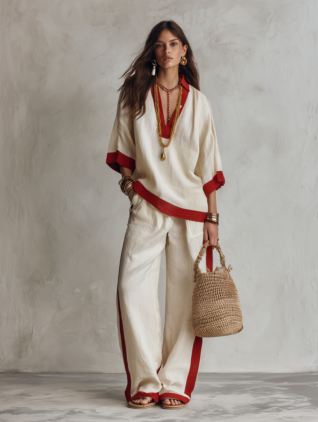 Minimalist Chic Textured Linen Red-Trim Oversized Off-White Palazzo Set