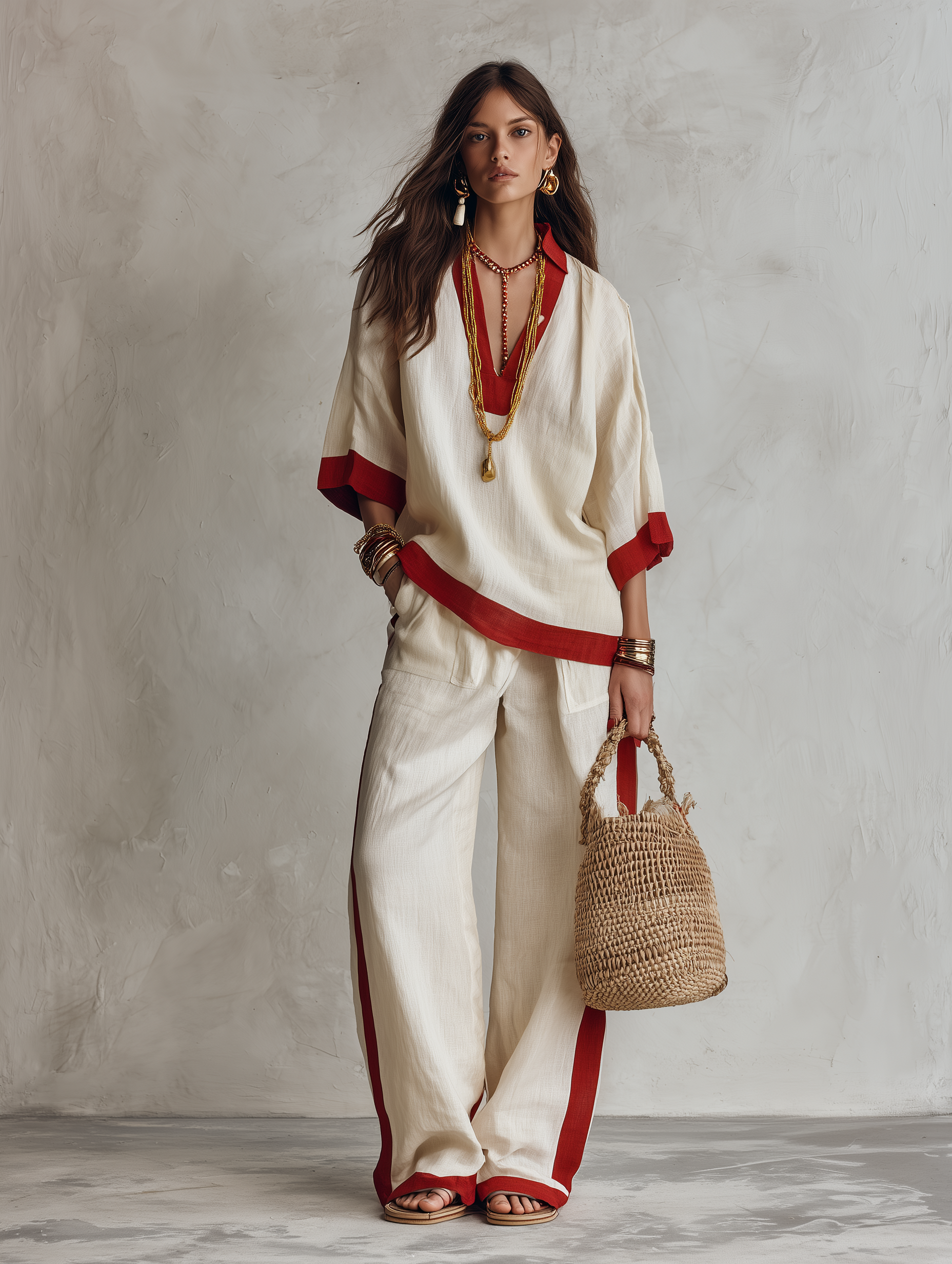 Minimalist Chic Textured Linen Red-Trim Oversized Off-White Palazzo Set