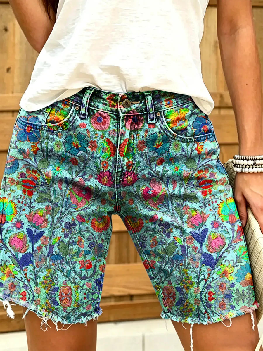 Ethnicity Flowers Geometry Women's Art Print Casual Denim Shorts
