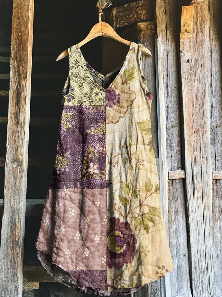 Vintage Purple Floral Patchwork Art Linen Tank Dress 19b2