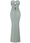 Strapless Crystal Bow Sparkly Maxi Dress Green