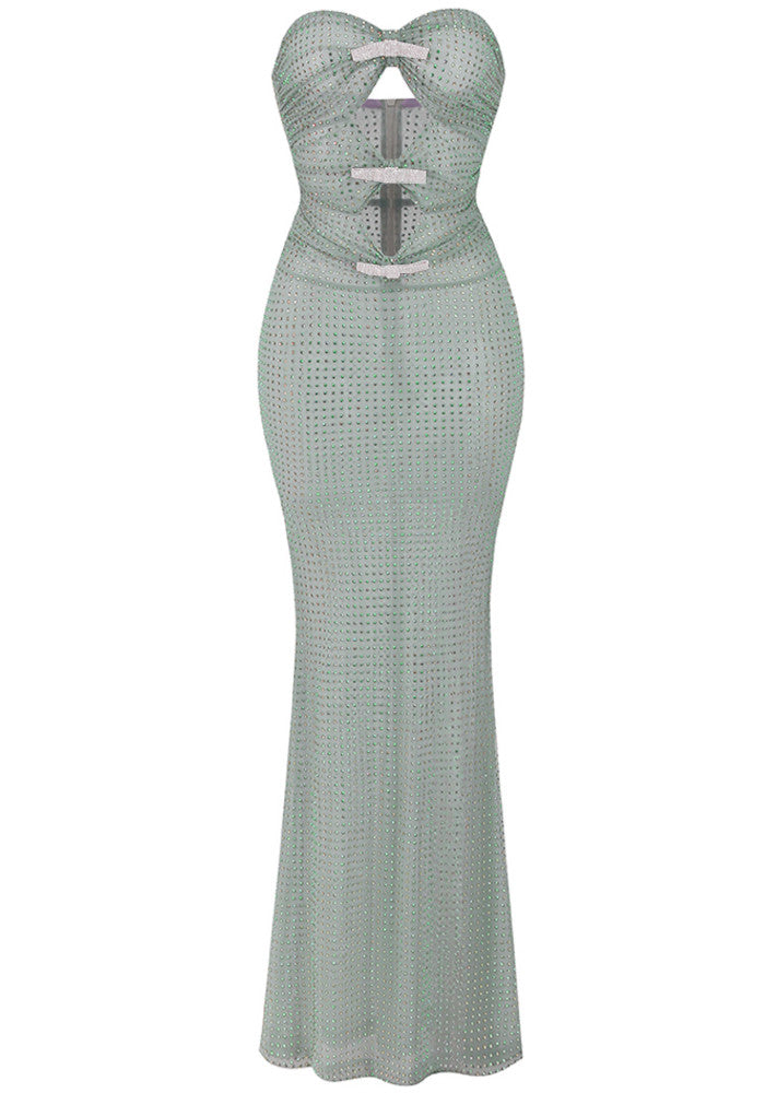 Strapless Crystal Bow Sparkly Maxi Dress Green