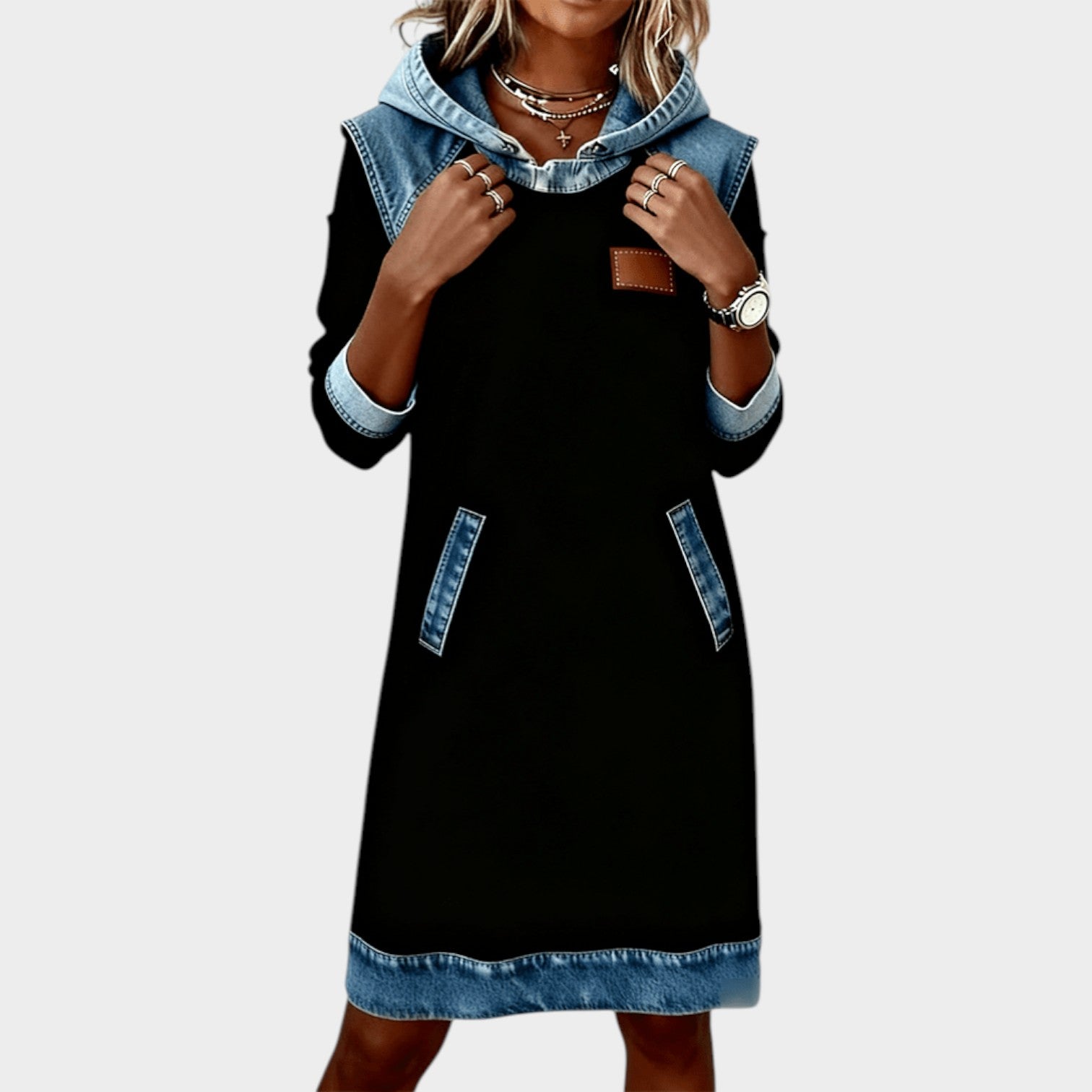Casual Denim Trim Hoodie Dress