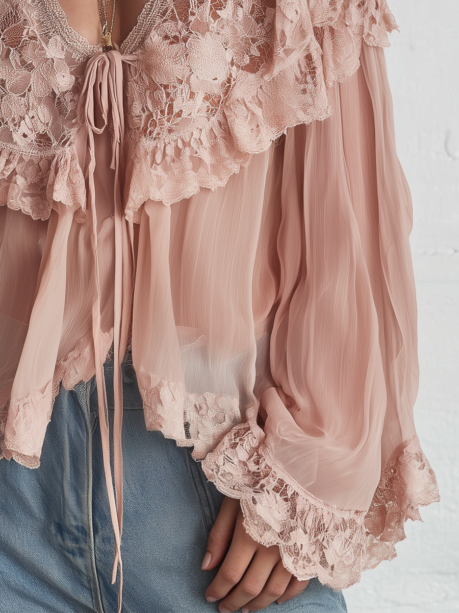 Elegant Blush Lace Chiffon Blouse