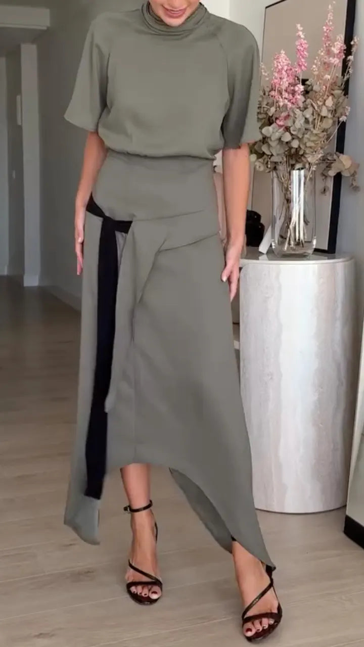 High Neck Short Sleeve Wrap Waist Dress