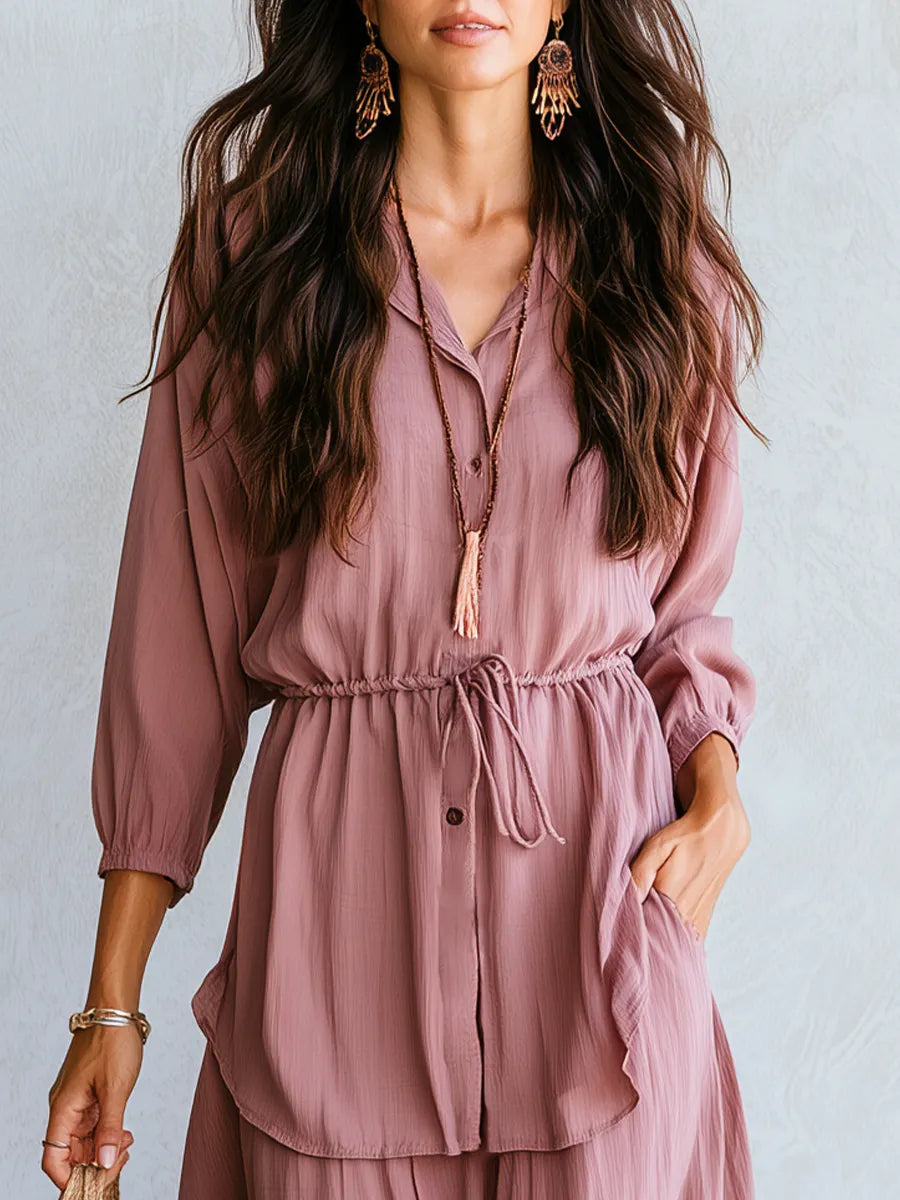 Romantic Dusty Rose Drawstring Waist Blouse Maxi Skirt Set
