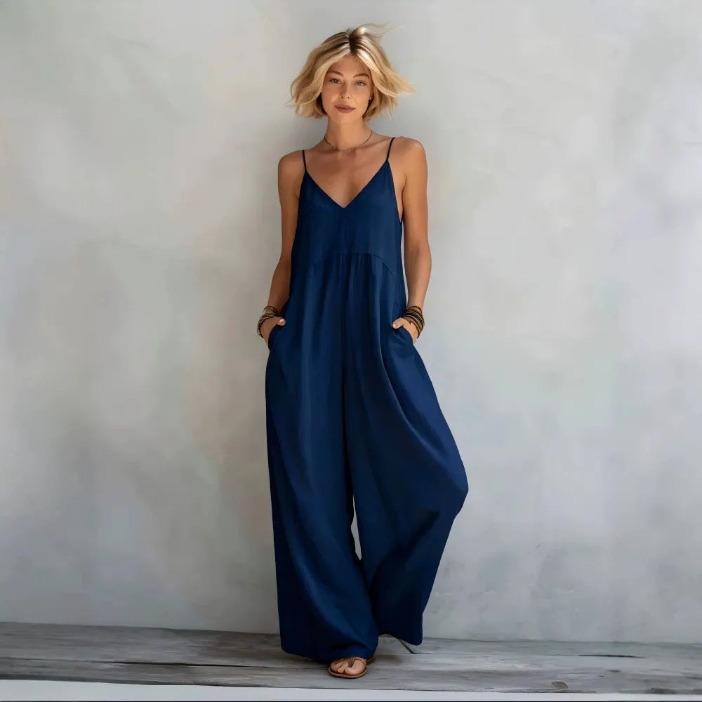 Women's Casual White Cotton-linen Blend Sleeveless Loose Jumpsuit