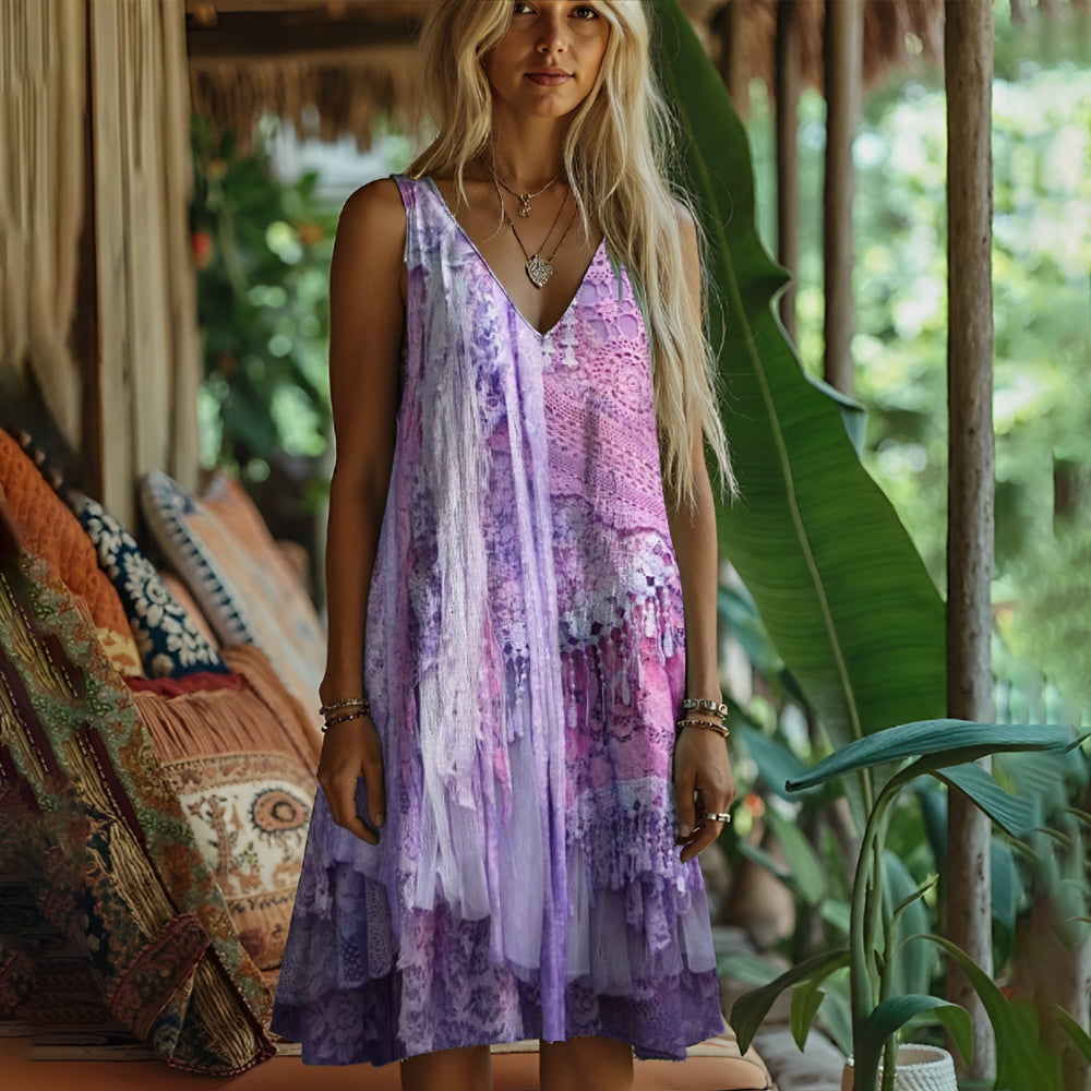 Vintage Lace Floral Art Women's Linen Vest Dress