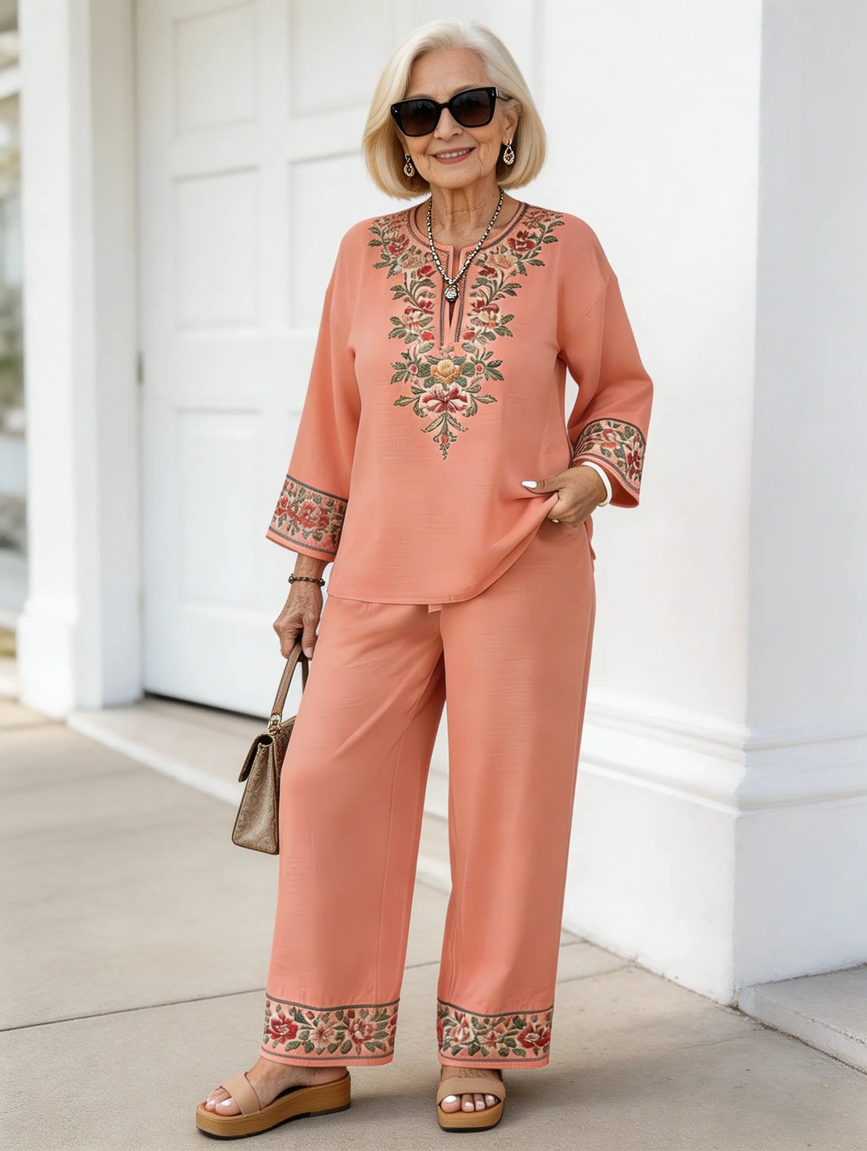 2Pcs Vacation Long-sleeved Lace Flower Long-sleeved Ethnic Style Suit