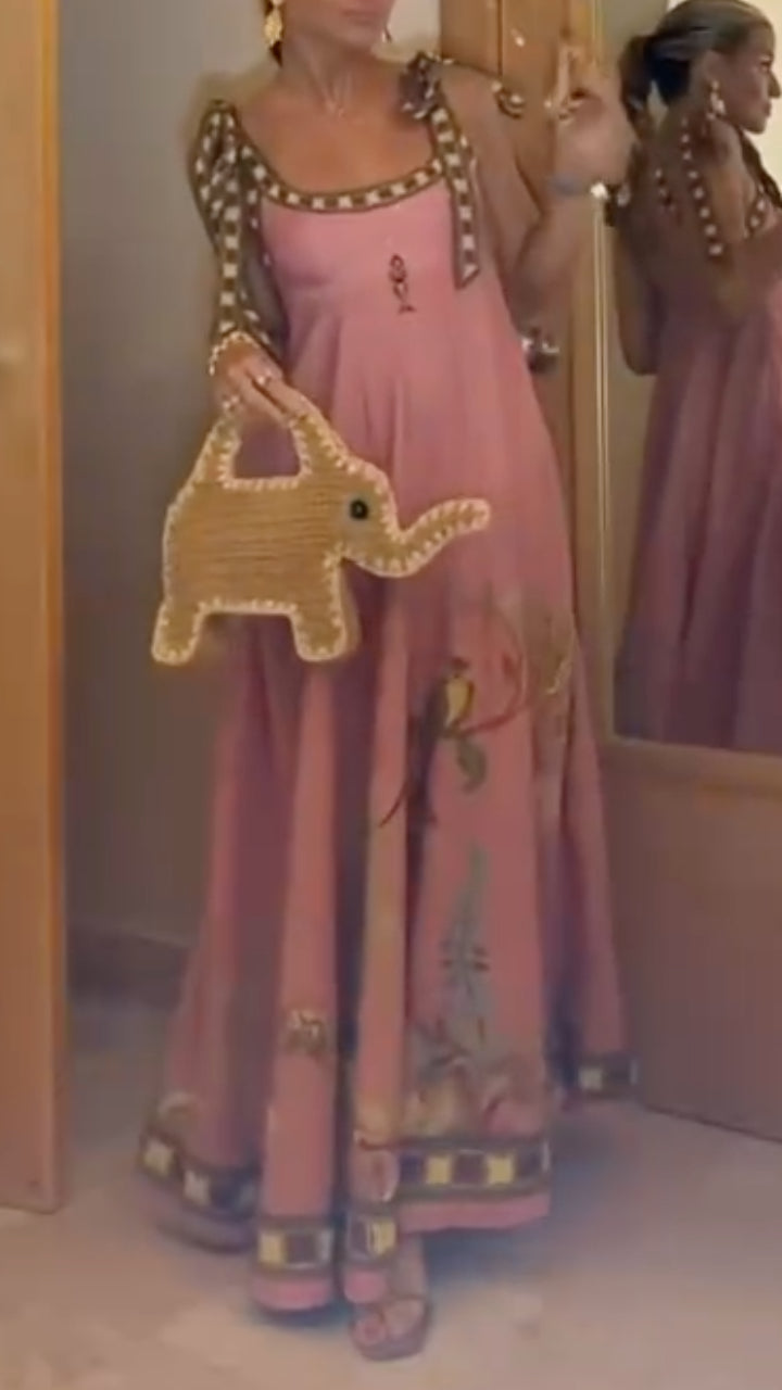 Pink Floral Print Square Neck Maxi Dress