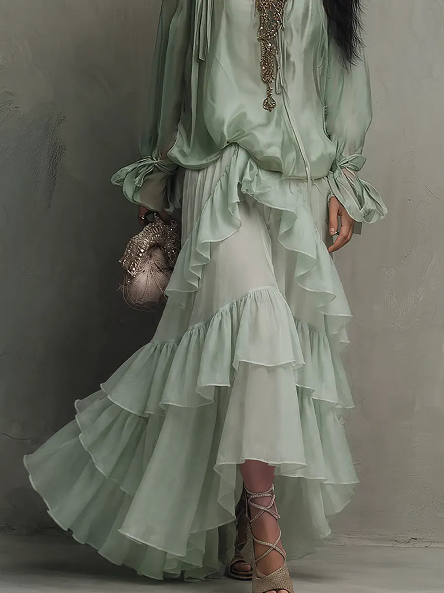 Bohemian Mint Chiffon Ruffle Blouse With Layered Skirt
