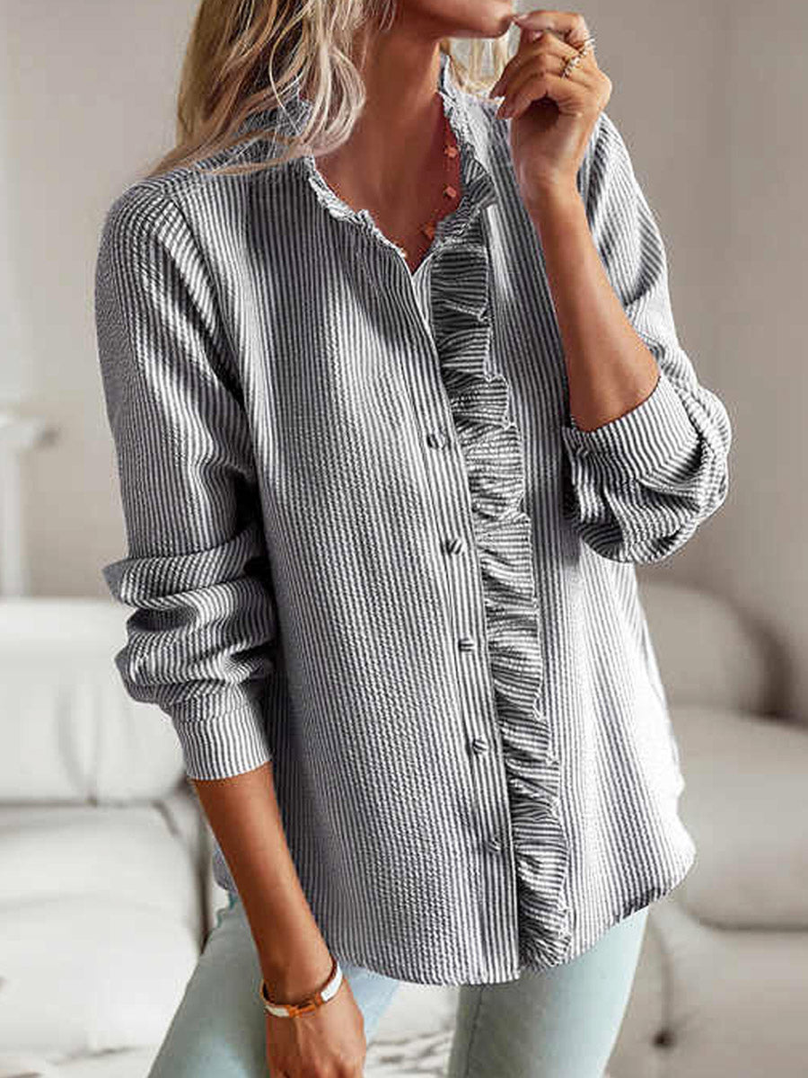 Women's Striped Ruffled Art Casual Stylish Cotton Linen Shirt