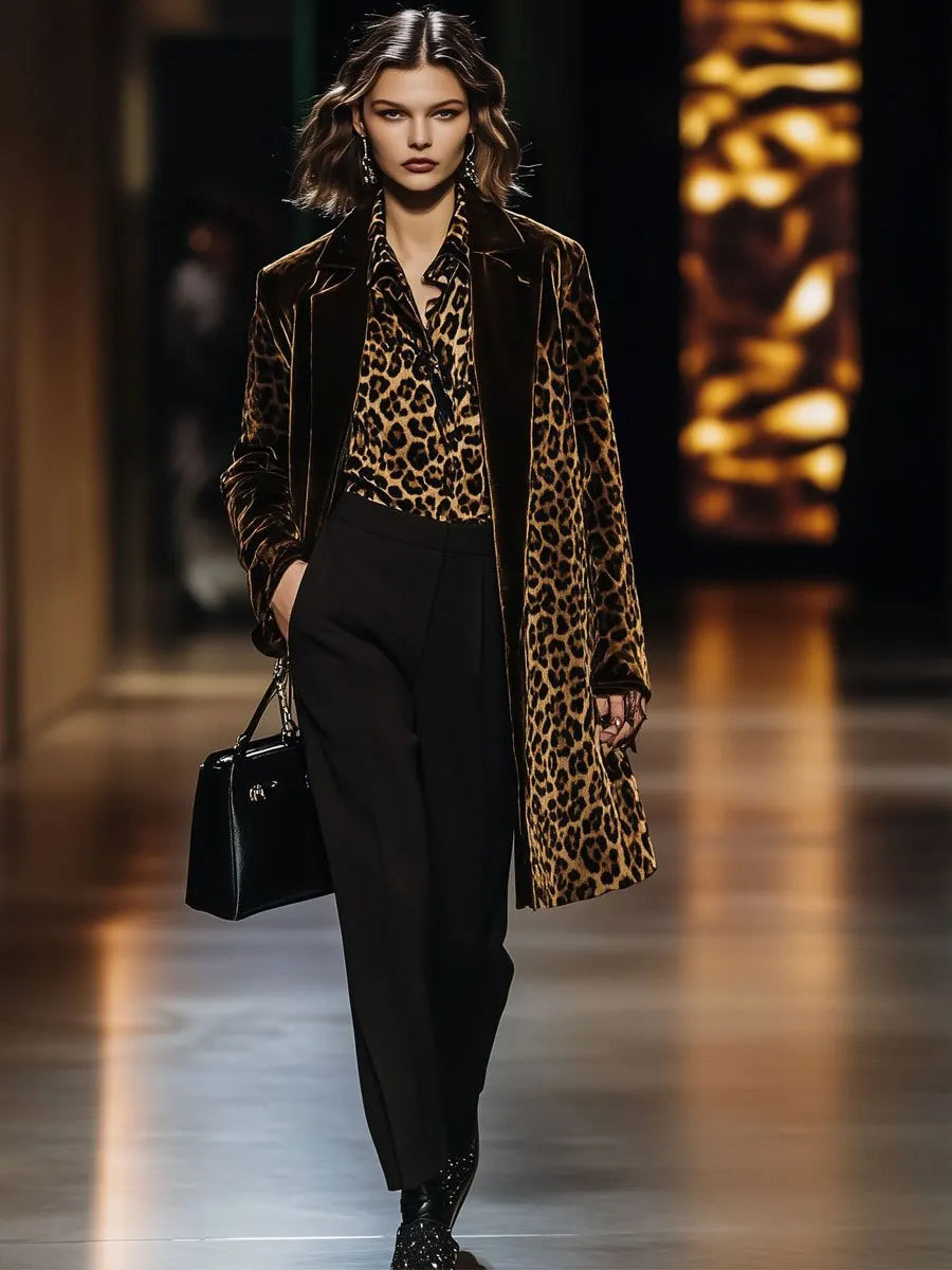 [24-hour shipping out]Casual Loose Vintage Velvet Leopard Print Colorblock Lapel Coat