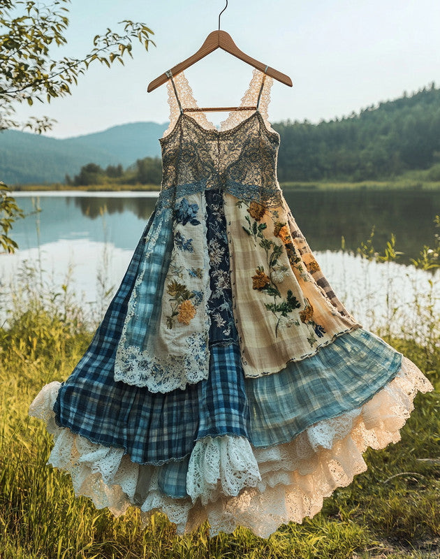 Summer Handmade Lace Plaid Patchwork Dress 8eca
