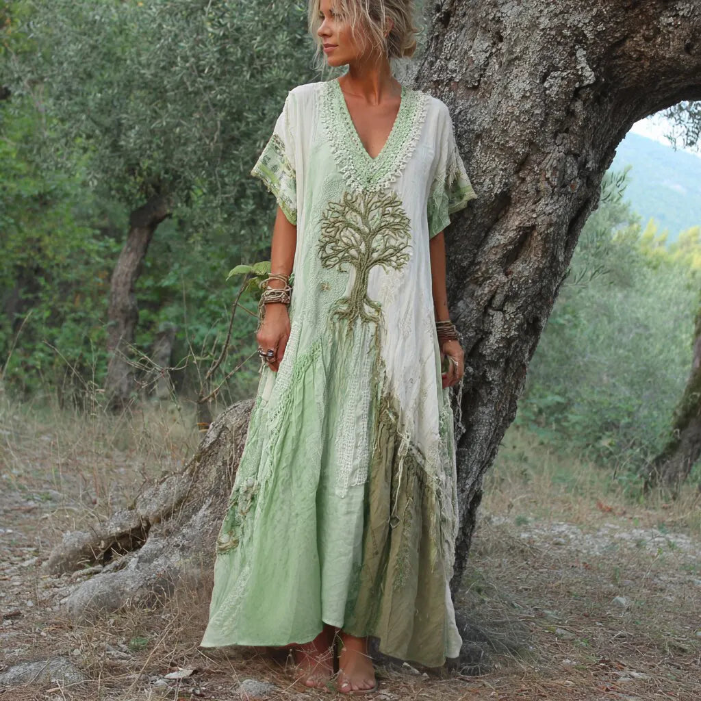 Women's Retro Tree Of Life Art Patchwork Short Sleeve Dress
