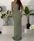 Sage Green Halter Strapless Full Sequin Mermaid Evening Maxi Dress For Wedding Guest Prom Gala Birthday Party Bridal Shower