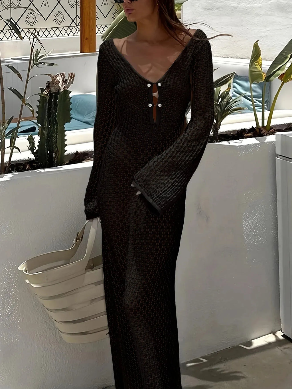 Serenah Crochet Knit Beach Dress – Long Sleeve V-Neck Holiday Cover Up Maxi Dress for Women
