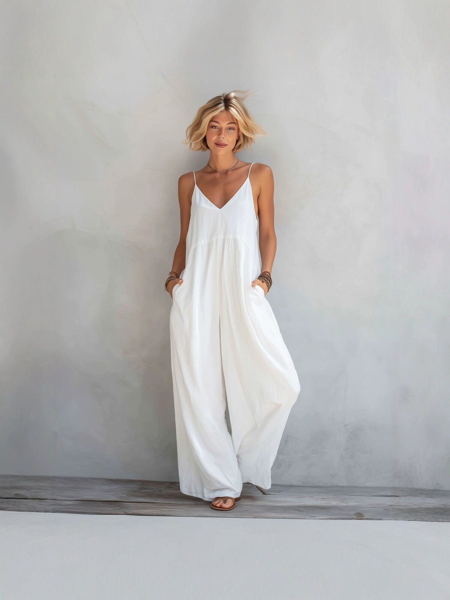 Women's Casual White Cotton-linen Blend Sleeveless Loose Jumpsuit