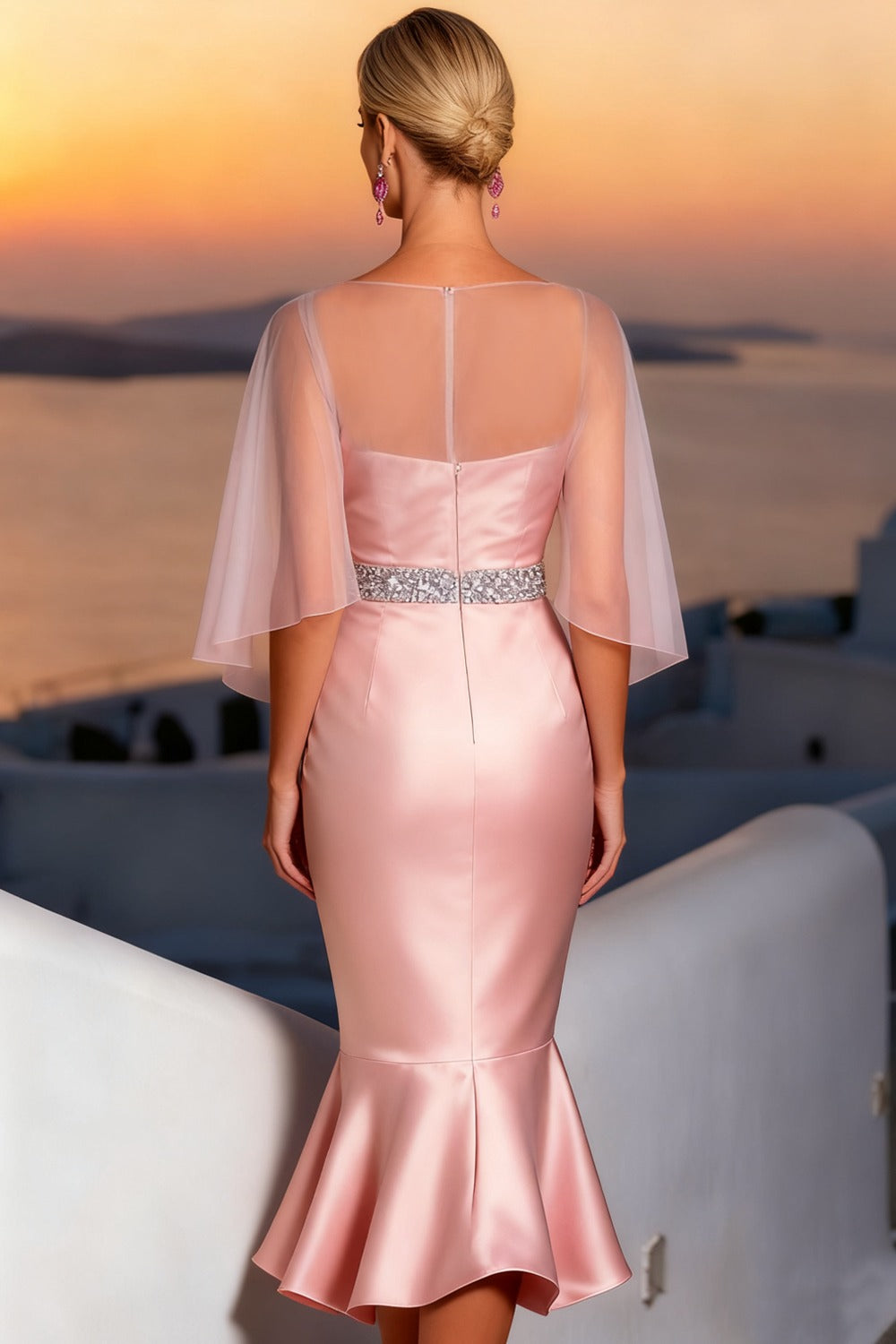 Pink Formal Dress Mermaid V-Neck Satin Midi Dress