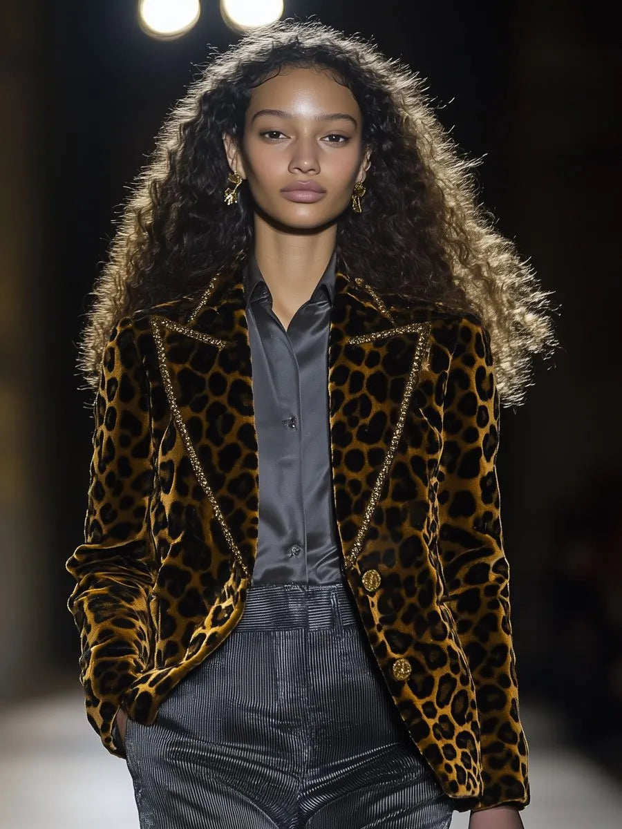 [24-hour shipping out]Casual Fashion Velvet Leopard Print Lapel Gold Edge Blazer