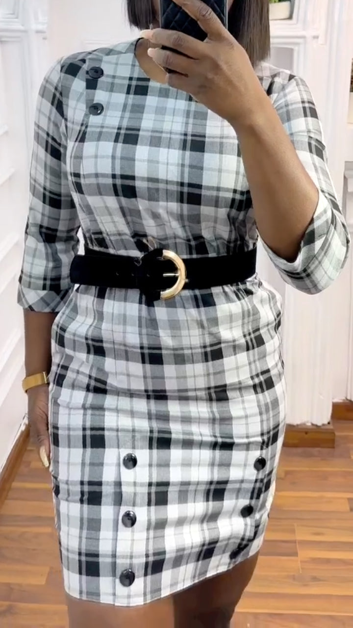 Black & White Plaid Waist-Button Dress