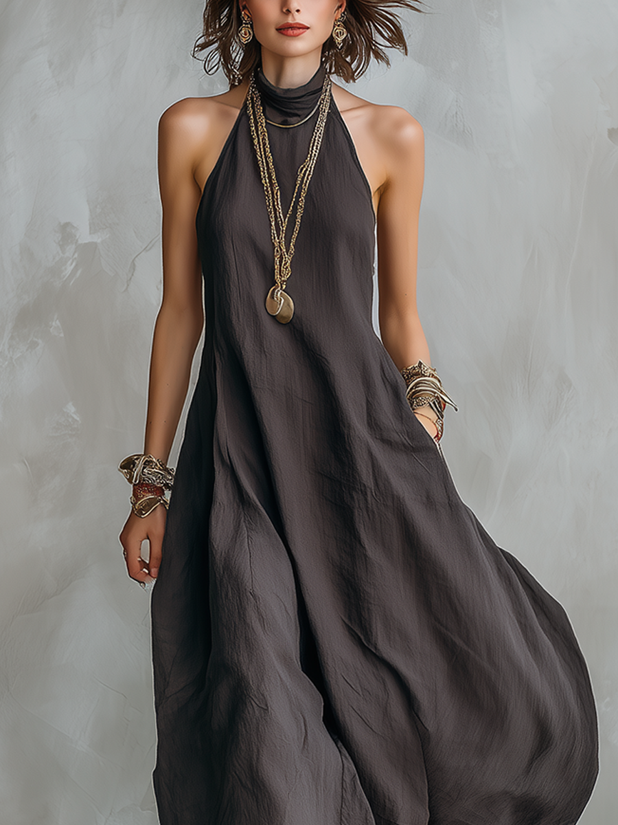 Charcoal Gray Bohemian Style Off The Shoulder Loose Maxi Dress
