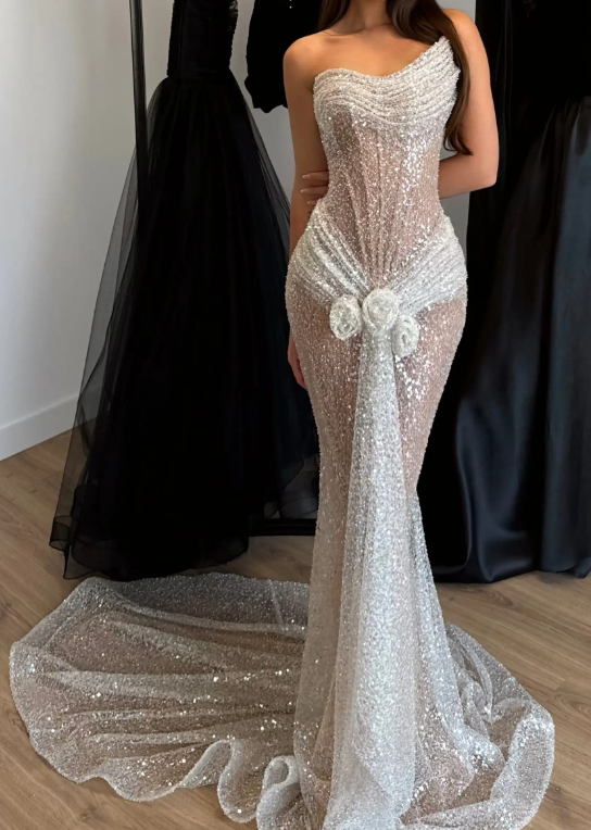 Nude & Silver Sequin One-Shoulder Mermaid Maxi Dress