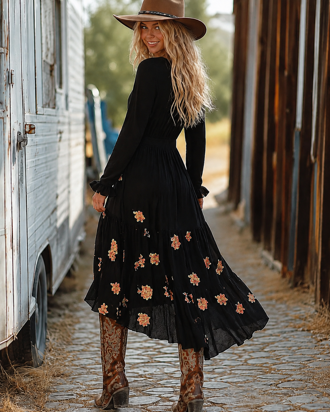 Black Floral Smocked-Waist Maxi Dress