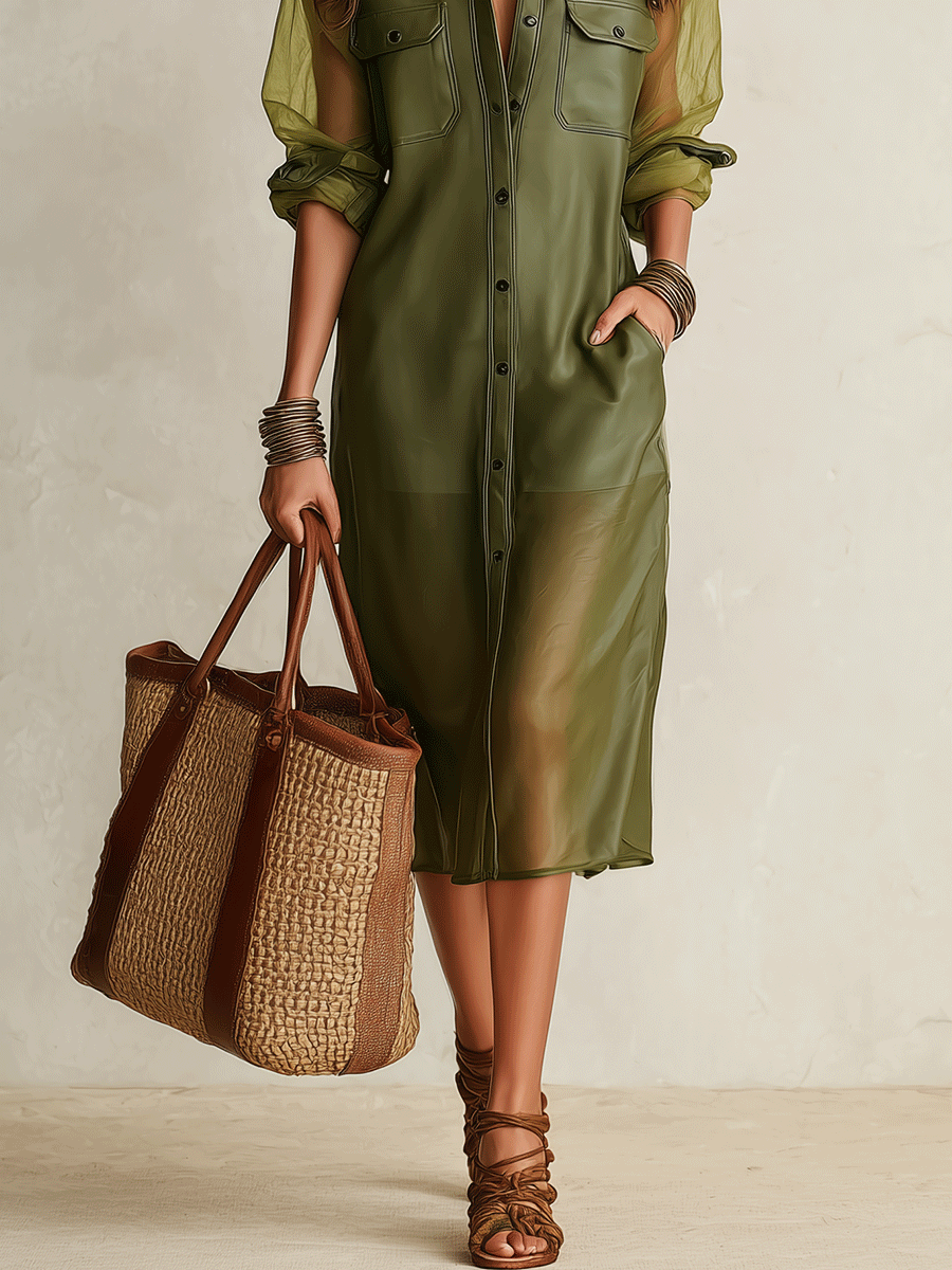 Sheer Olive Long-Sleeve Button-Front Shirt Midi Dress