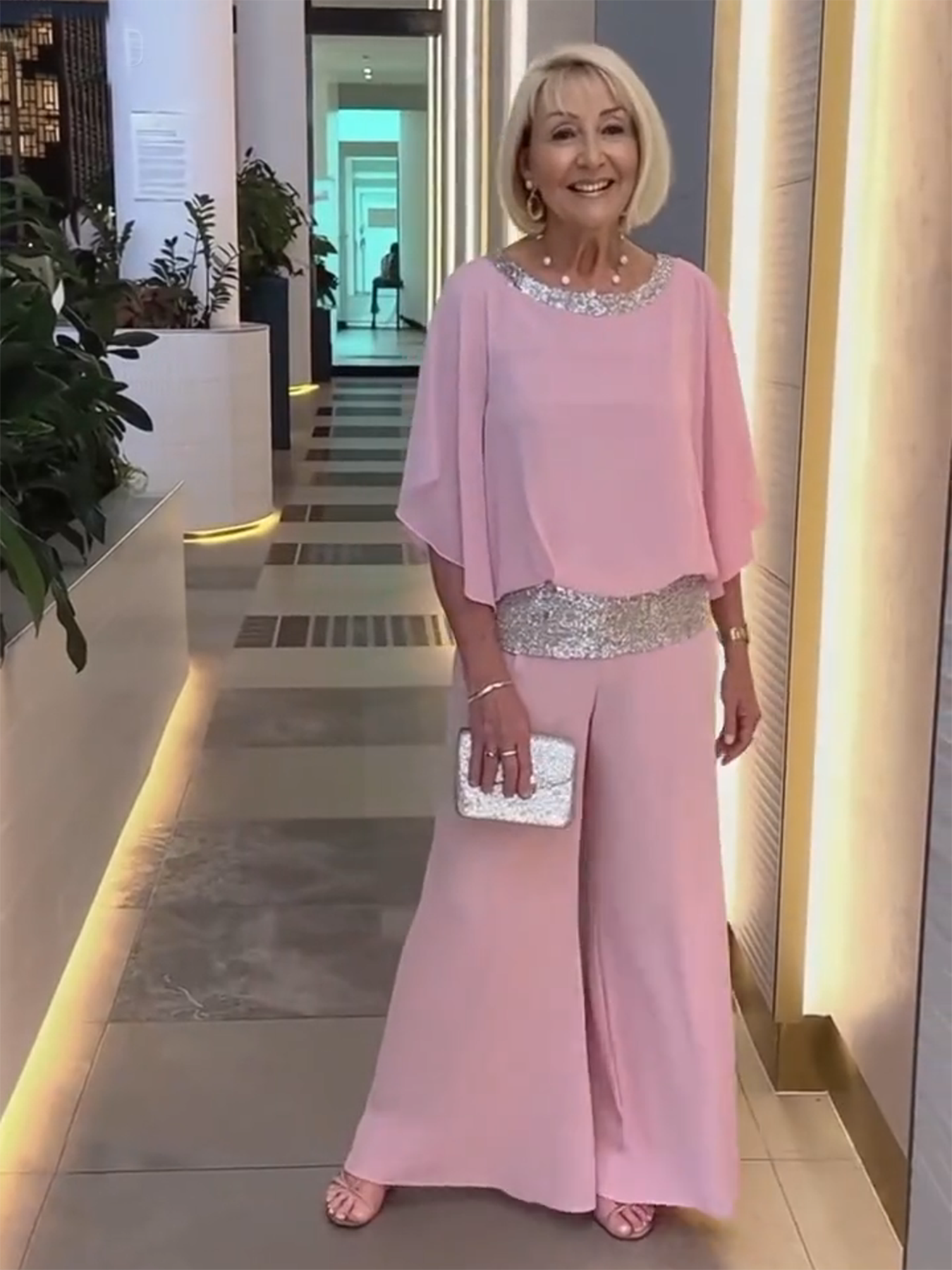 Shine Bright Pink Gorgeous Outfit with Sequins Wedding Tunic Party Suit  Chiffon Opaque Soft Fabric Two Piece Set