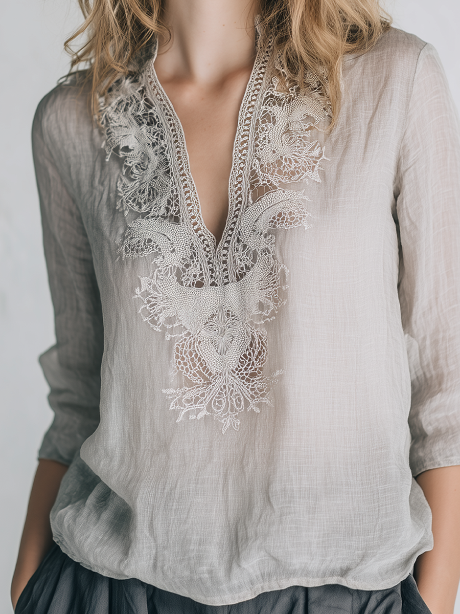 Elegant Light Gray Lace Linen Shirt