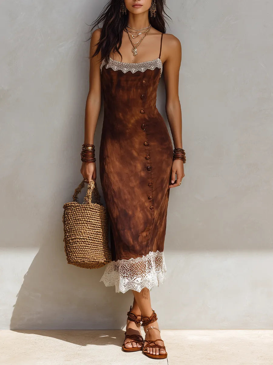 Tie-Dye Lace Trim And Button Embellishment Midi Dress