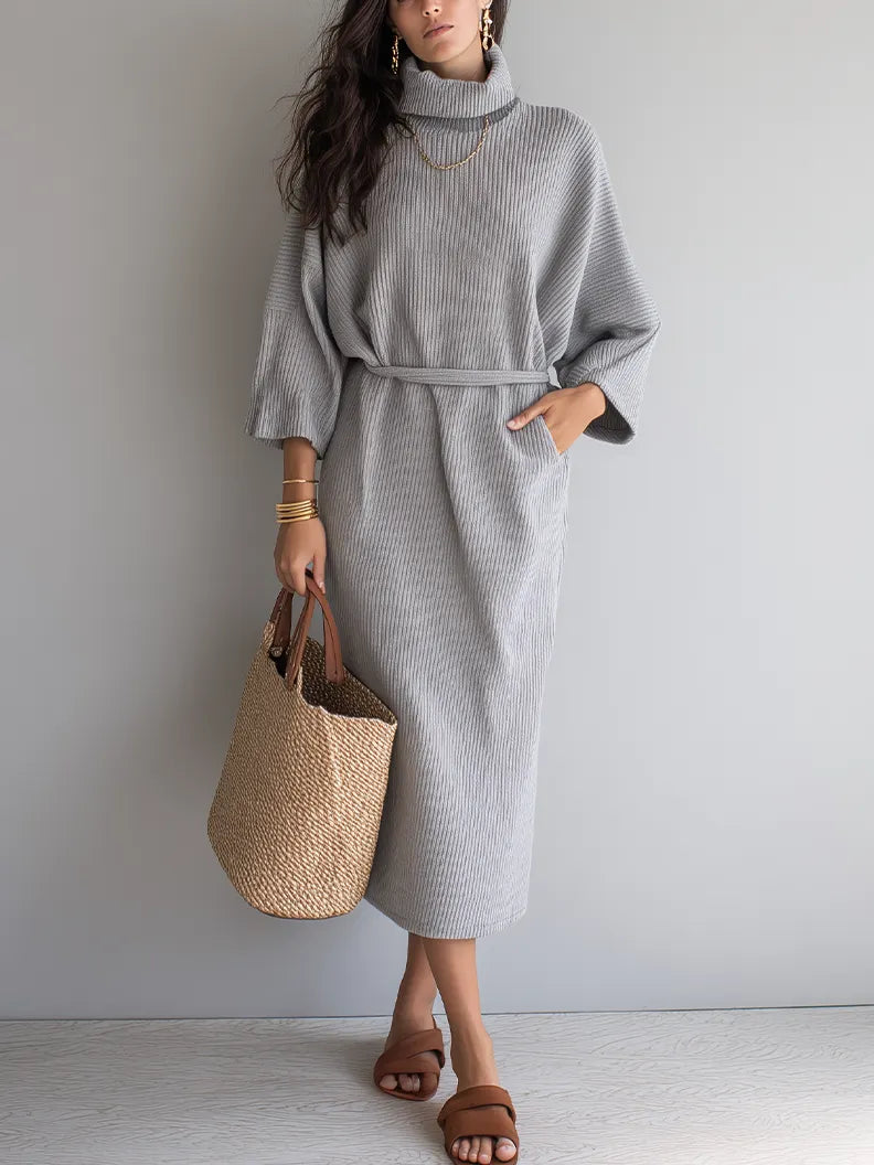 Elegant Light Gray Ribbed Turtleneck Sweater Dress
