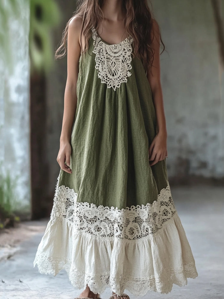 Vintage Vintage Embroidered Lace Patchwork Art Maxi Dress