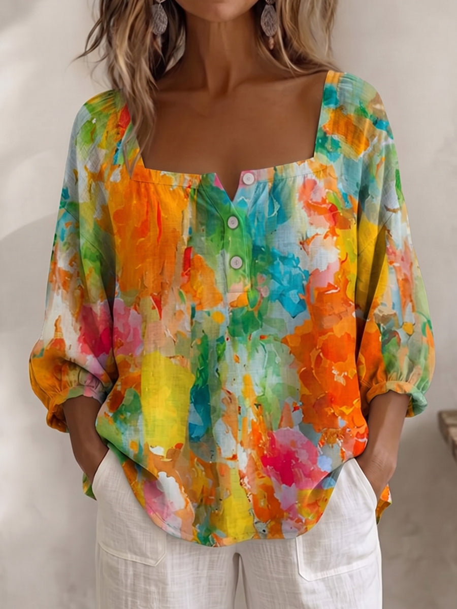 Summer Colorful Watercolor-print Cotton-linen Blouse