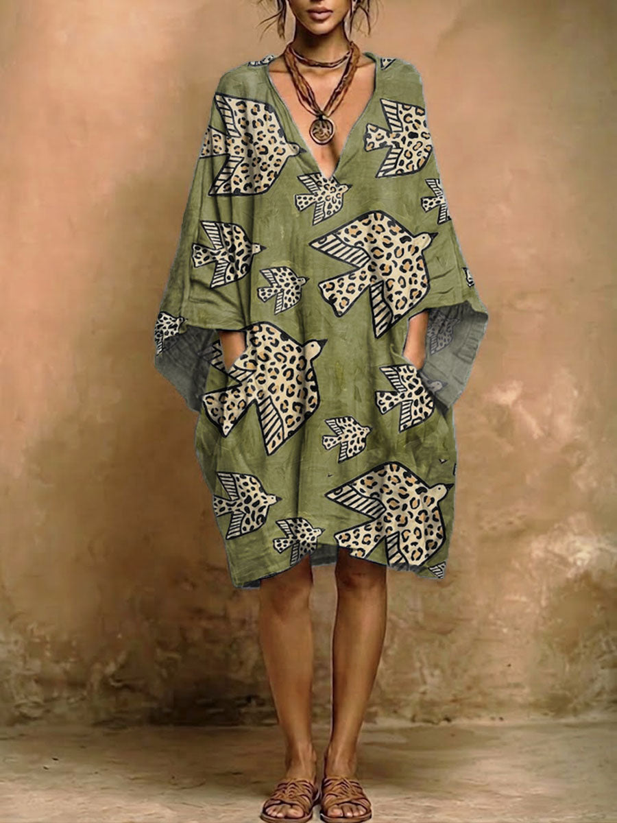 Women's Leopard Print V-neck Pocket Dress