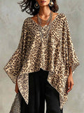 Women's Vintage Leopard Print V-neck 3/4-sleeve Casual Loose Cotton-linen Top