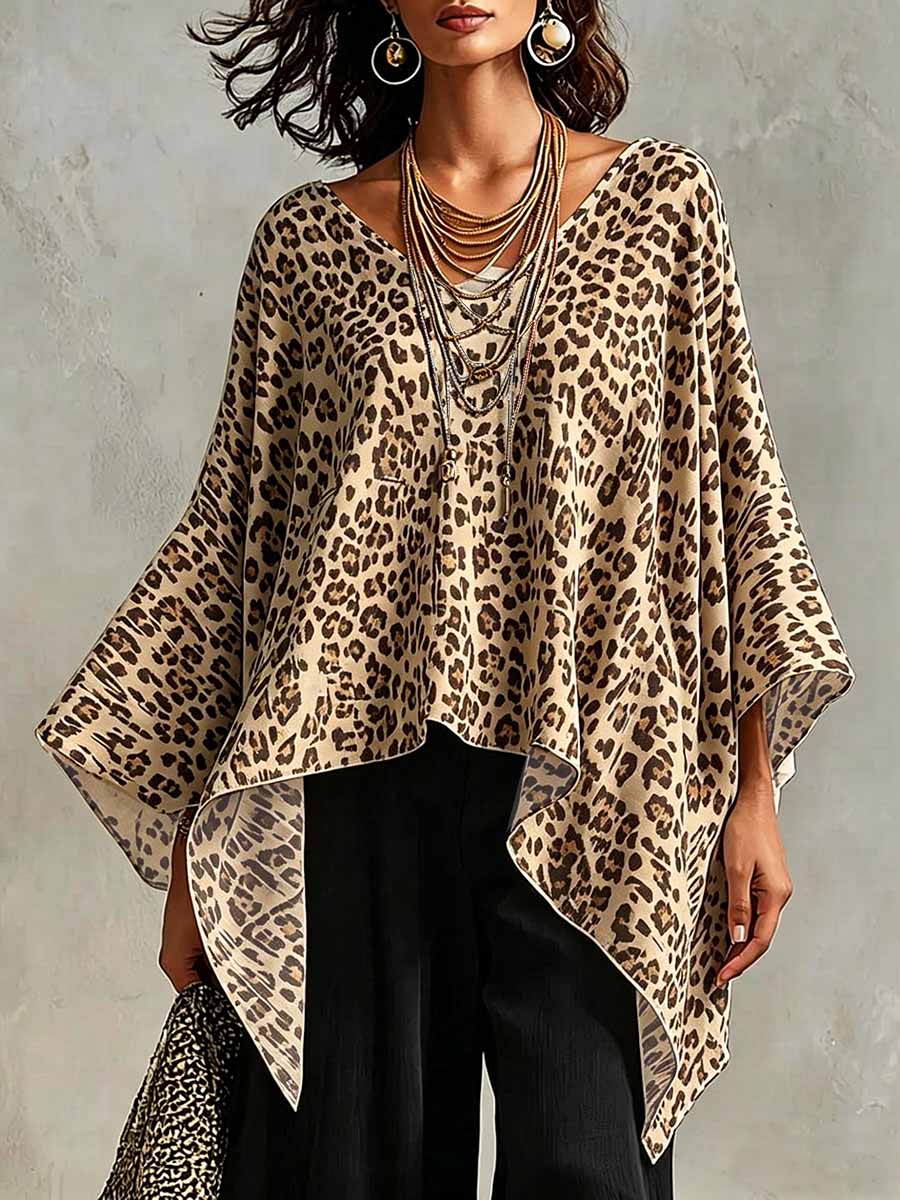 Women's Vintage Leopard Print V-neck 3/4-sleeve Casual Loose Cotton-linen Top
