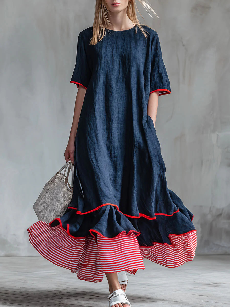 Casual Patchwork Red Striped Short-sleeved Dress