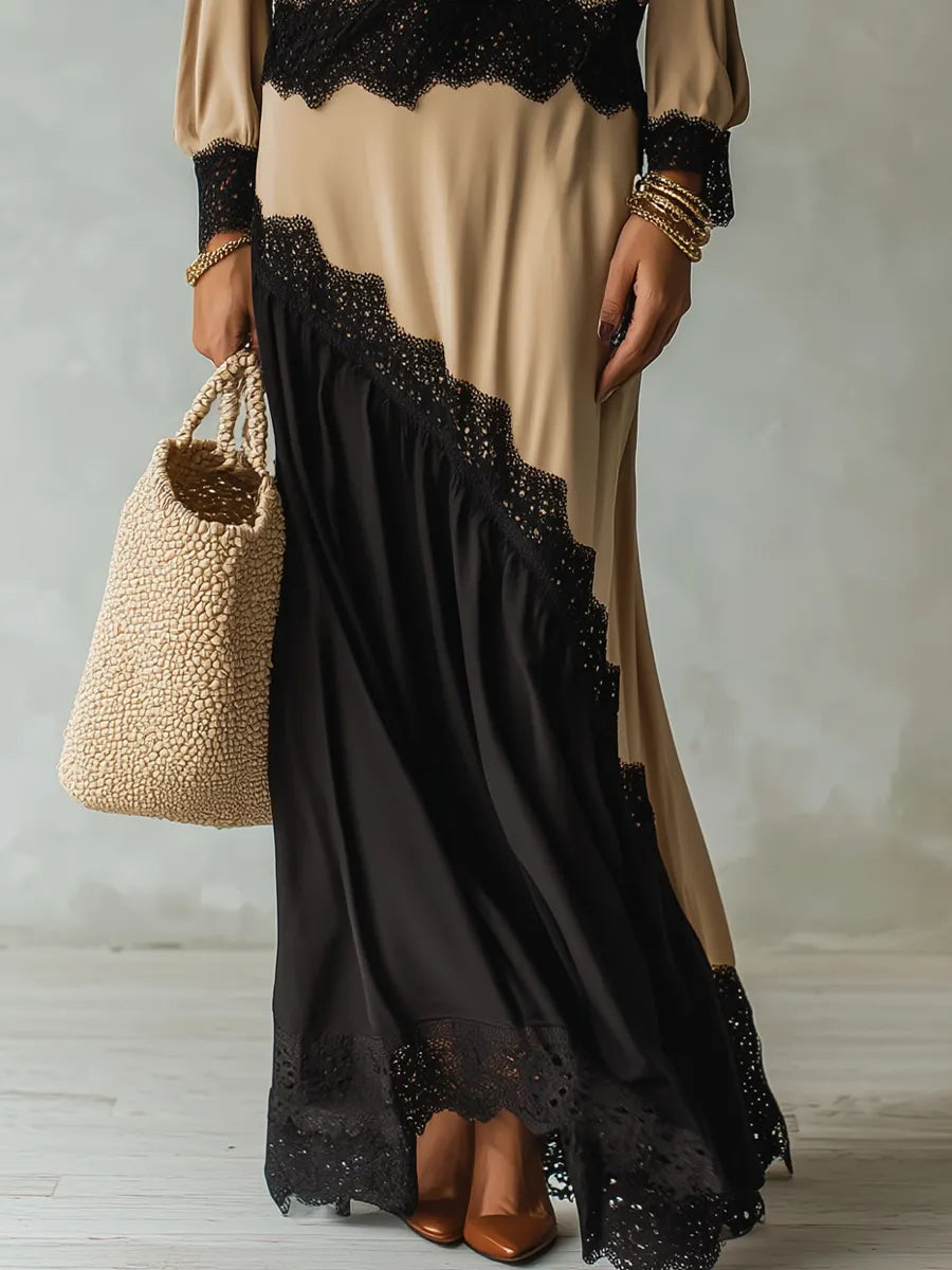 Elegant Beige Colorblock Lace Skirt Set