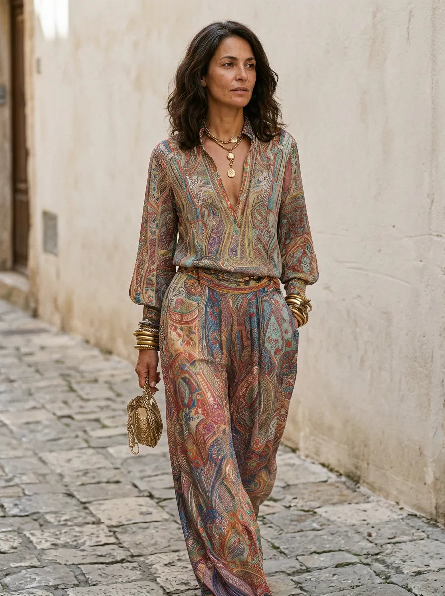 Exquisite paisley print wide leg pantsuit