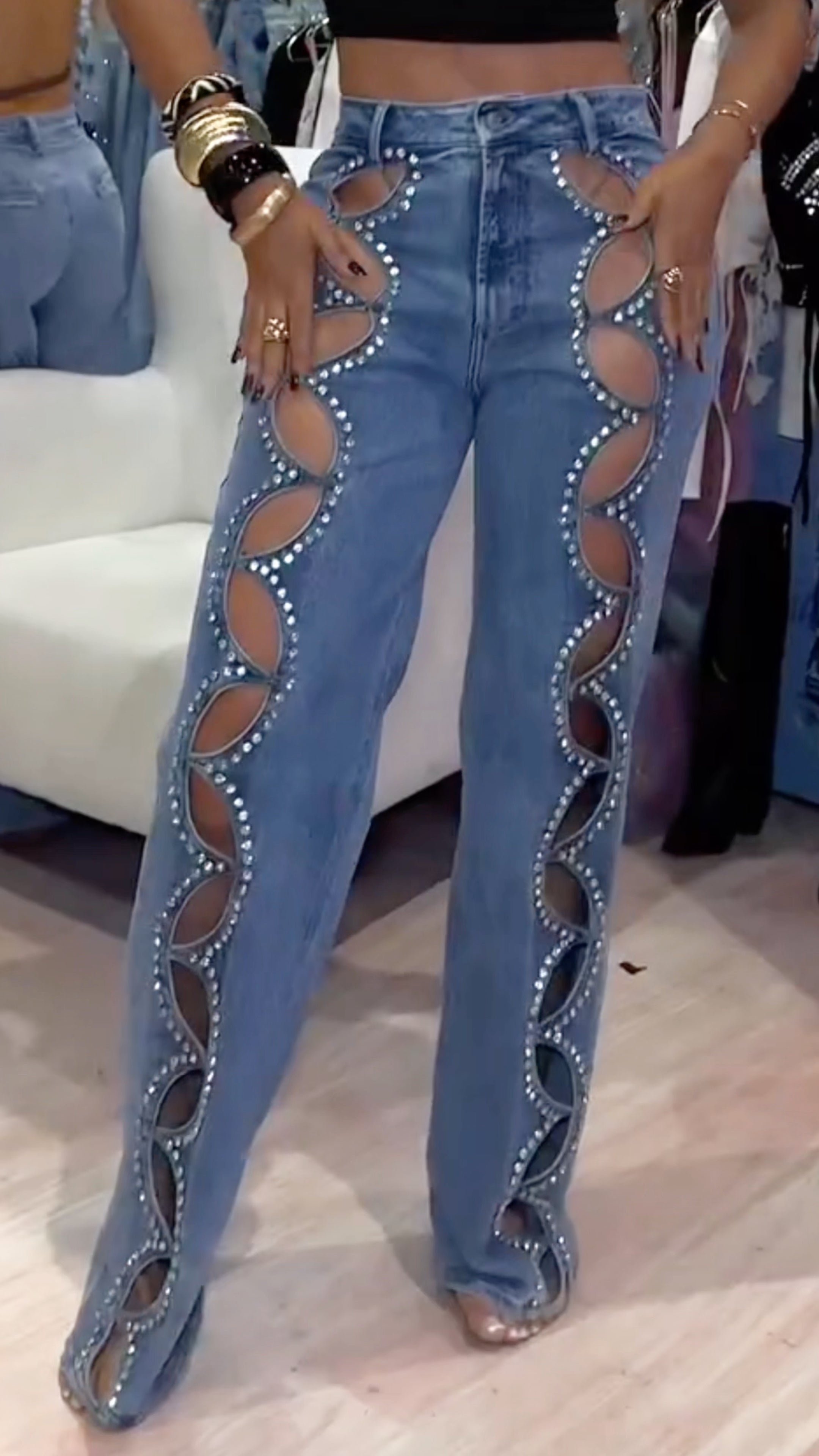 Women's Openwork Rhinestone Party Fashion Jeans