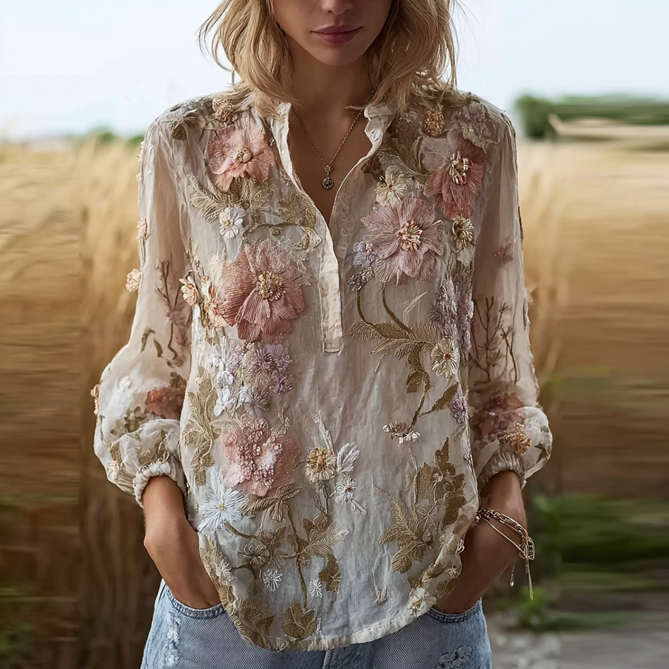 Bohemian Style 3d Plant Flower Pattern Cotton Linen Shirt