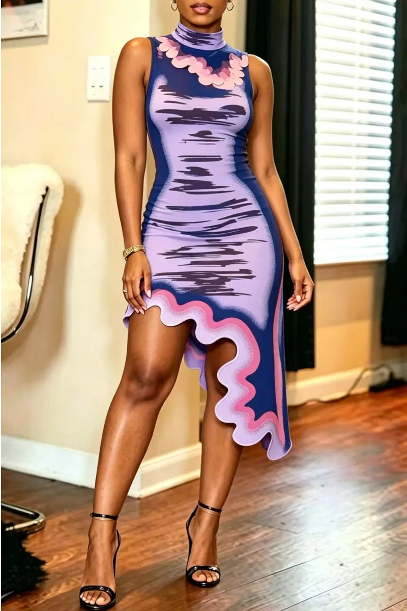 Abstract Print Irregular Lace Midi Dress