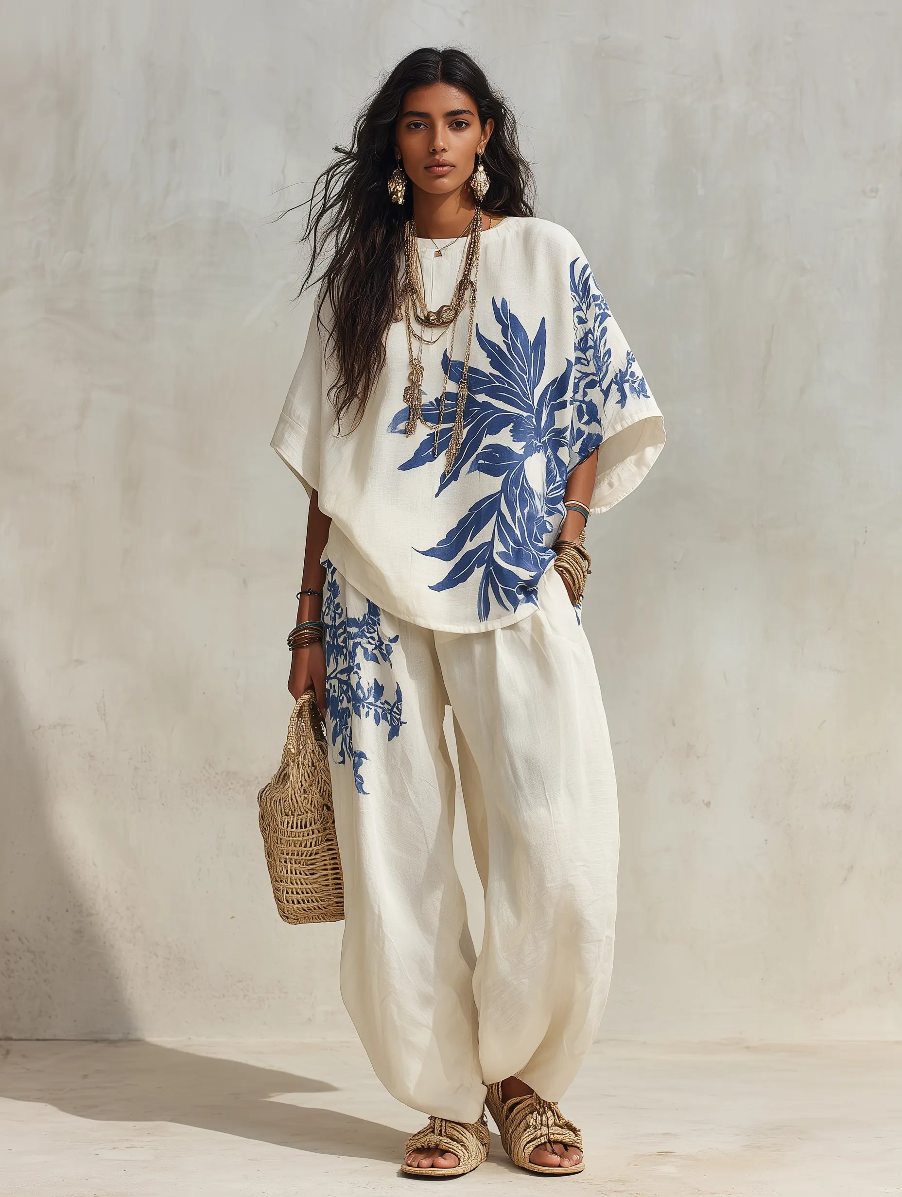Resort Chic Linen Botanical-Print Wide-Leg Blue & White Loungewear Set