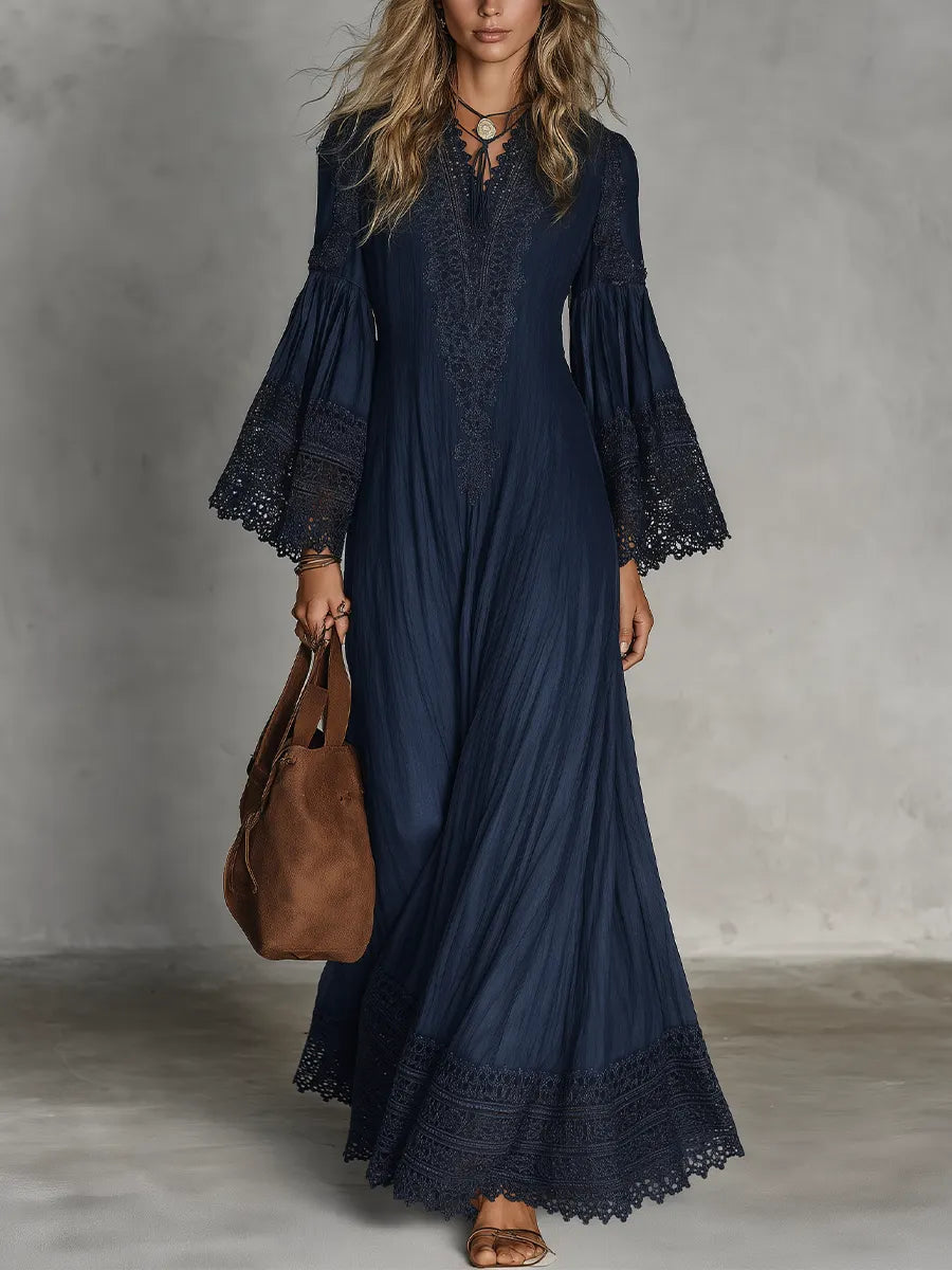 Bohemian Lace Trim Bell Sleeve Maxi Dress